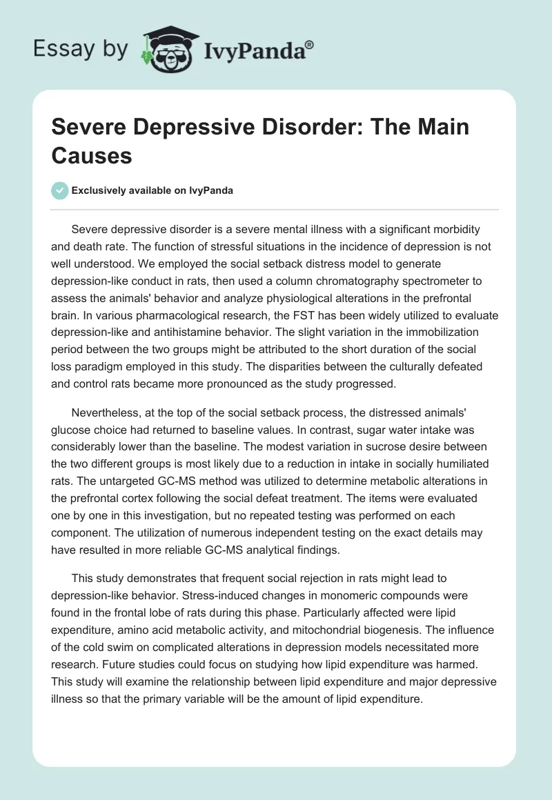 Severe Depressive Disorder: The Main Causes. Page 1