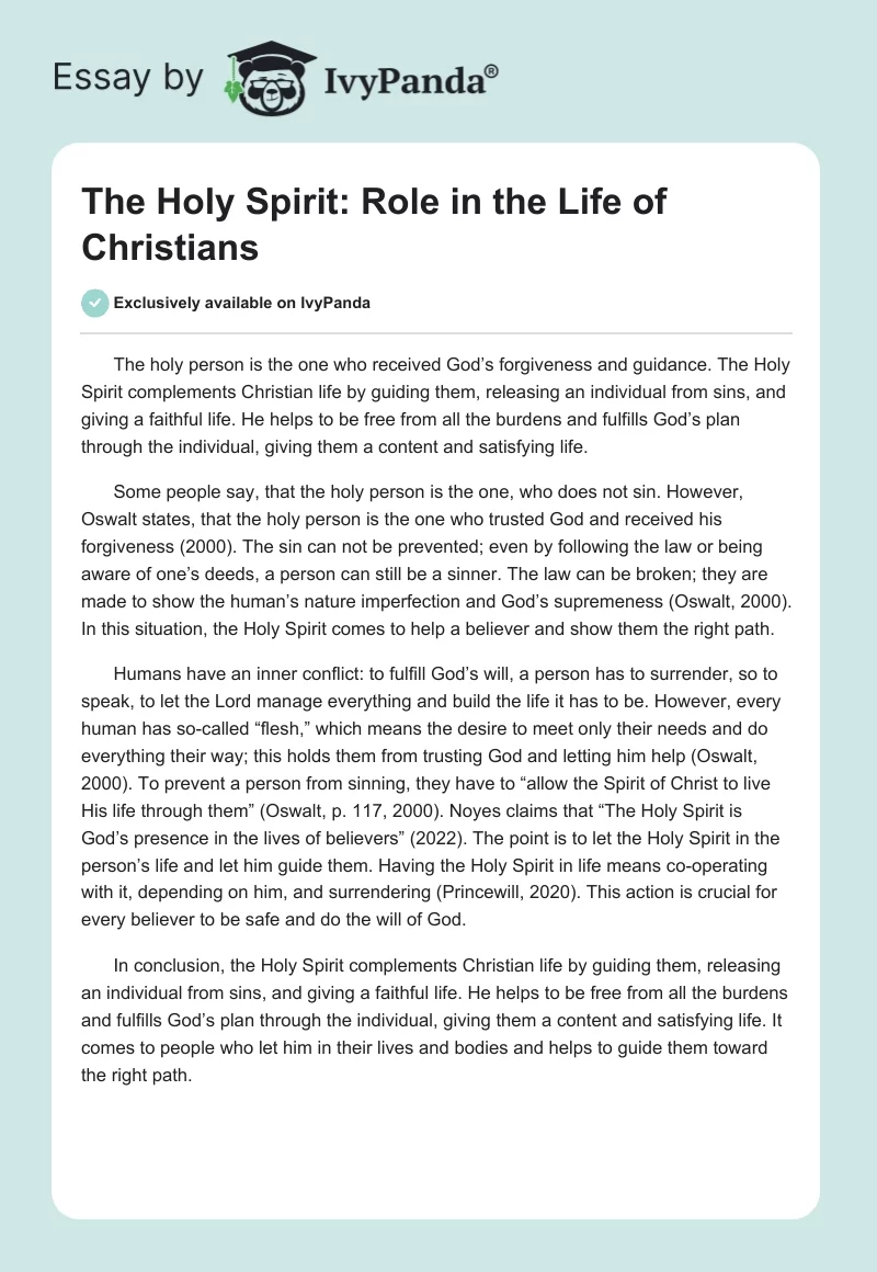 The Holy Spirit: Role in the Life of Christians. Page 1