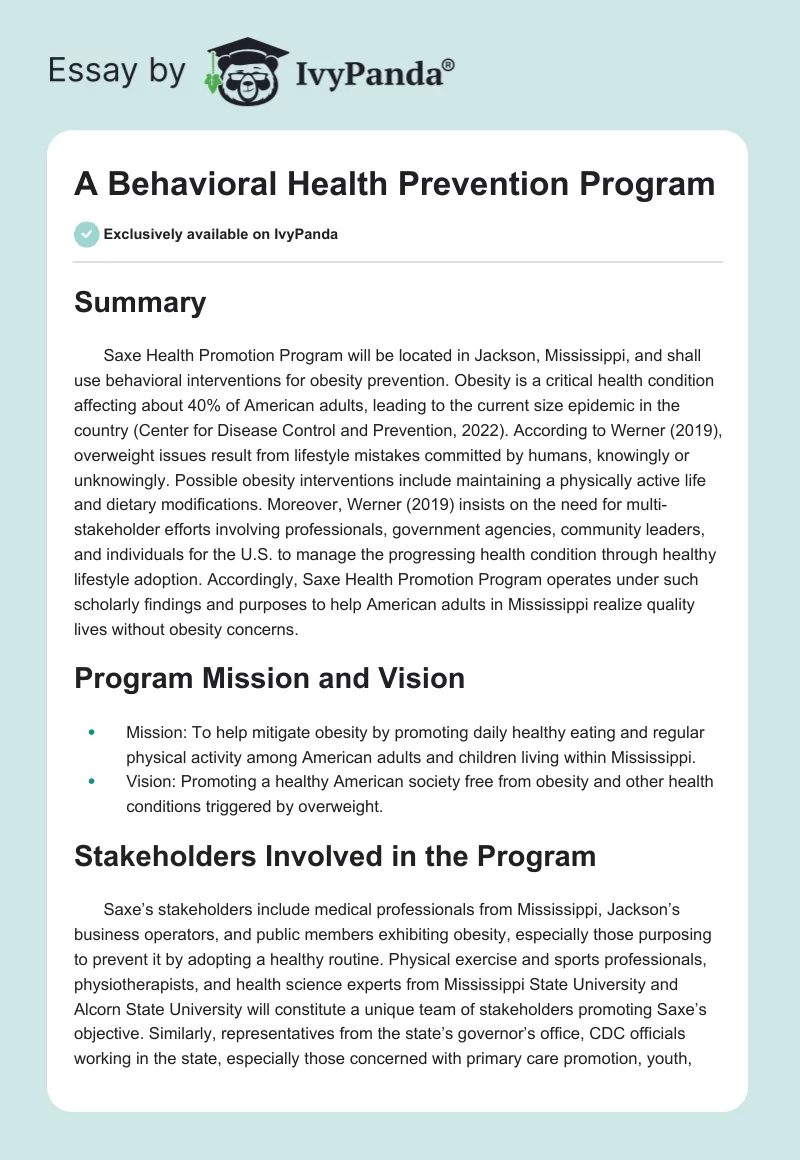 A Behavioral Health Prevention Program. Page 1
