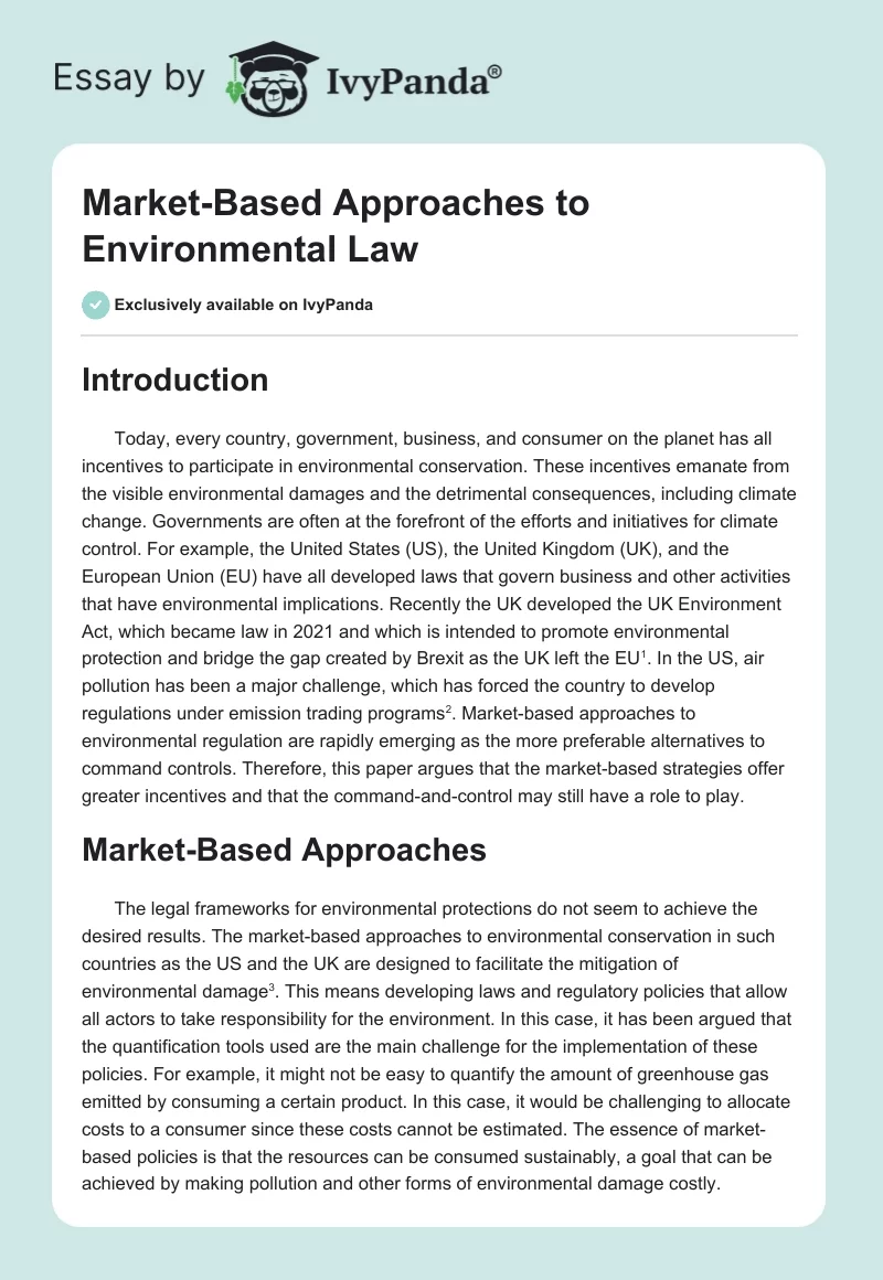 Market-Based Approaches to Environmental Law. Page 1