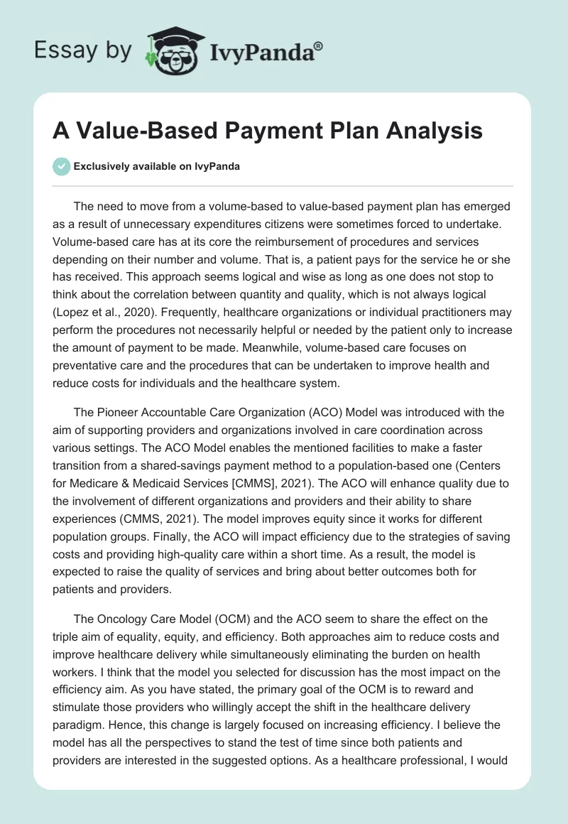 A Value-Based Payment Plan Analysis. Page 1