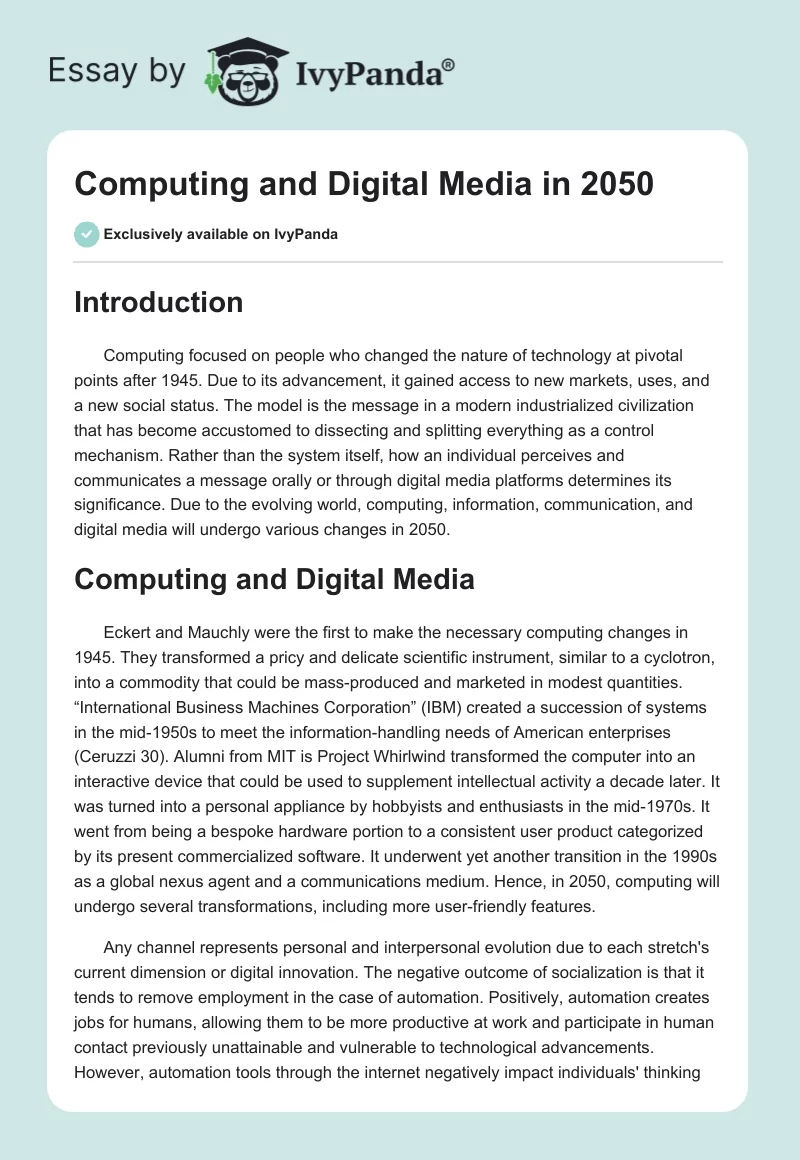 Computing and Digital Media in 2050. Page 1
