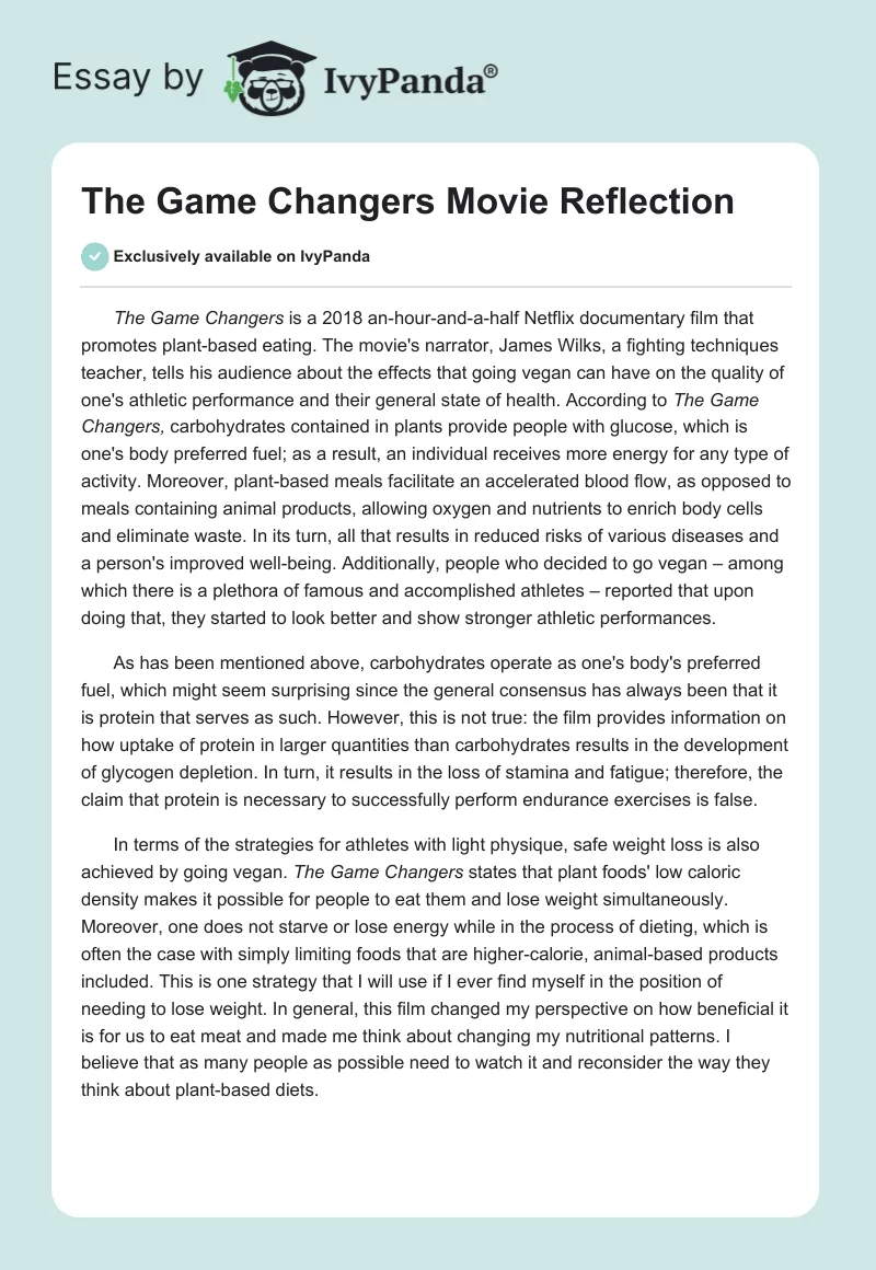 "The Game Changers" Movie Reflection. Page 1
