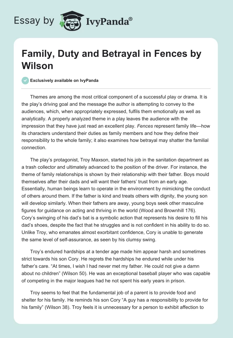 Family, Duty, and Betrayal in "Fences" by Wilson. Page 1