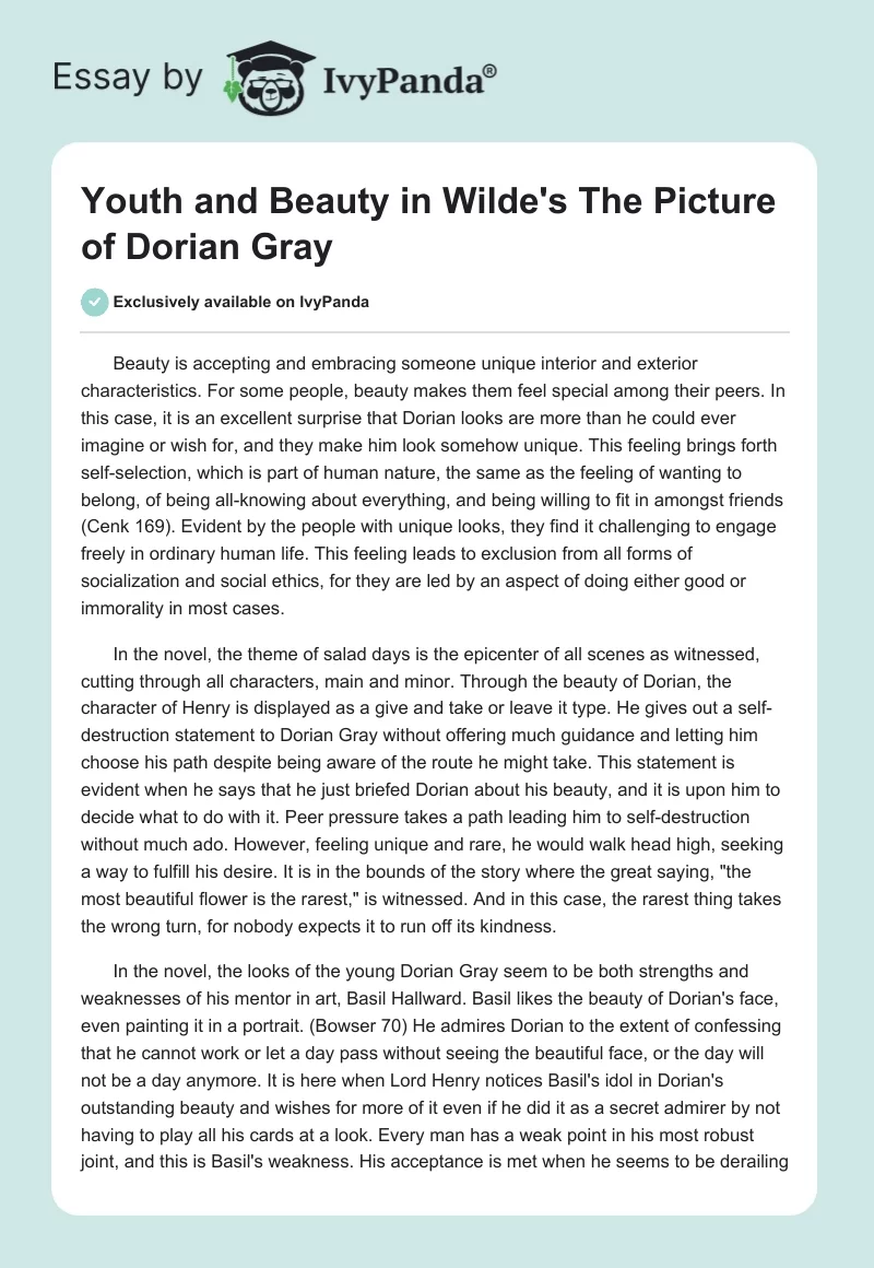 Youth and Beauty in Wilde's The Picture of Dorian Gray. Page 1