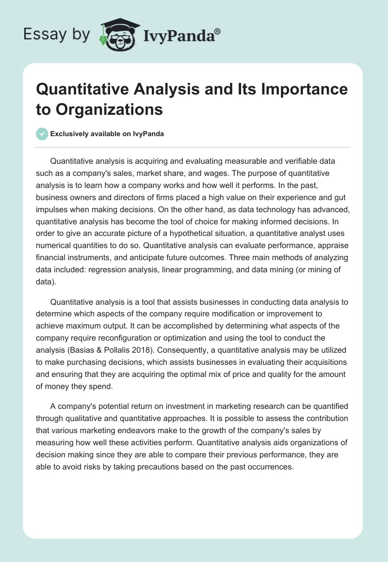 Quantitative Analysis and Its Importance to Organizations. Page 1