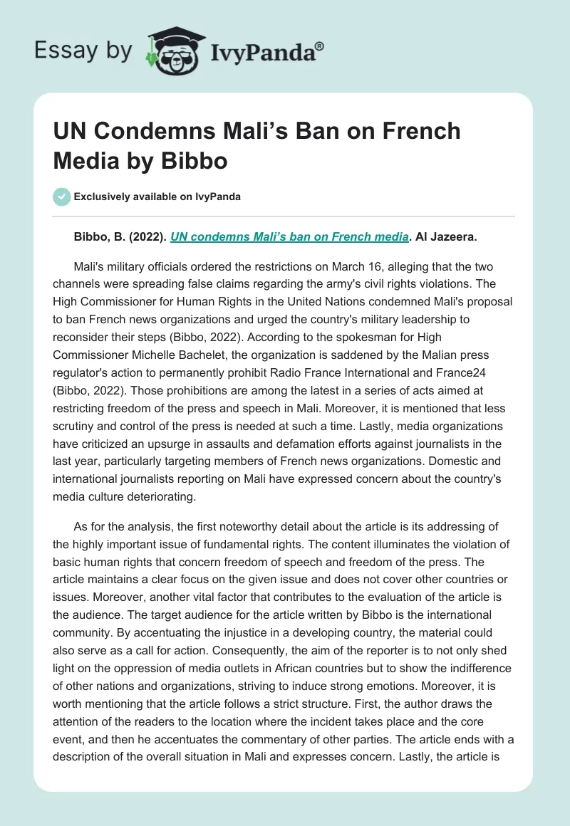 "UN Condemns Mali’s Ban on French Media" by Bibbo. Page 1