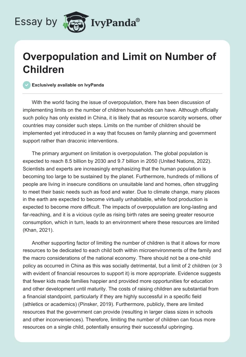 Overpopulation and Limit on Number of Children. Page 1