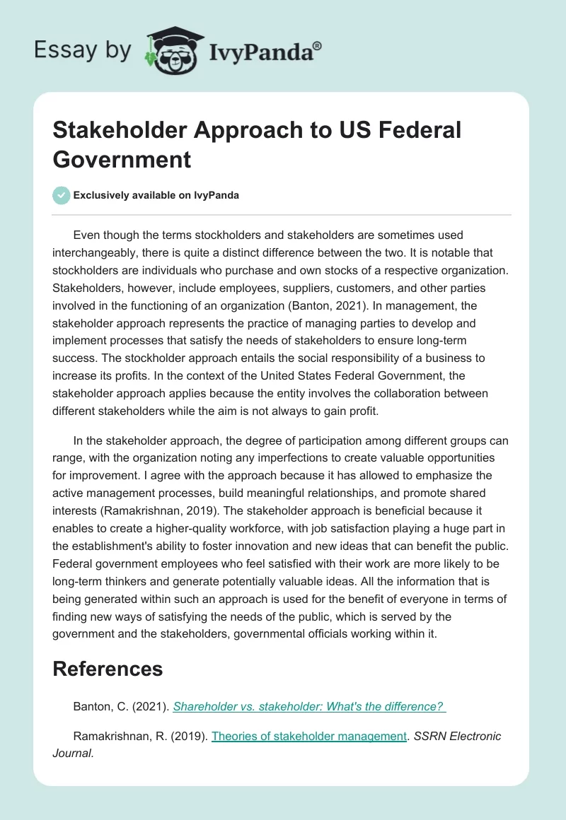 Stakeholder Approach to US Federal Government. Page 1