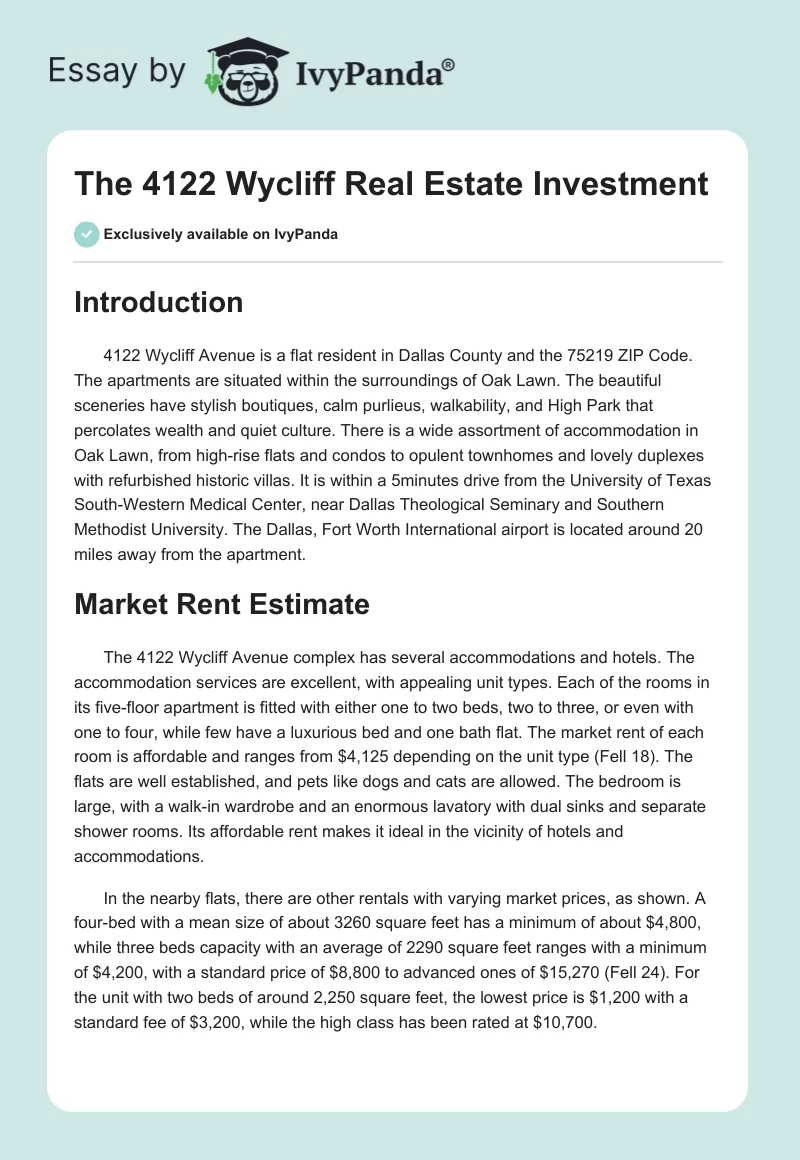 The 4122 Wycliff Real Estate Investment. Page 1