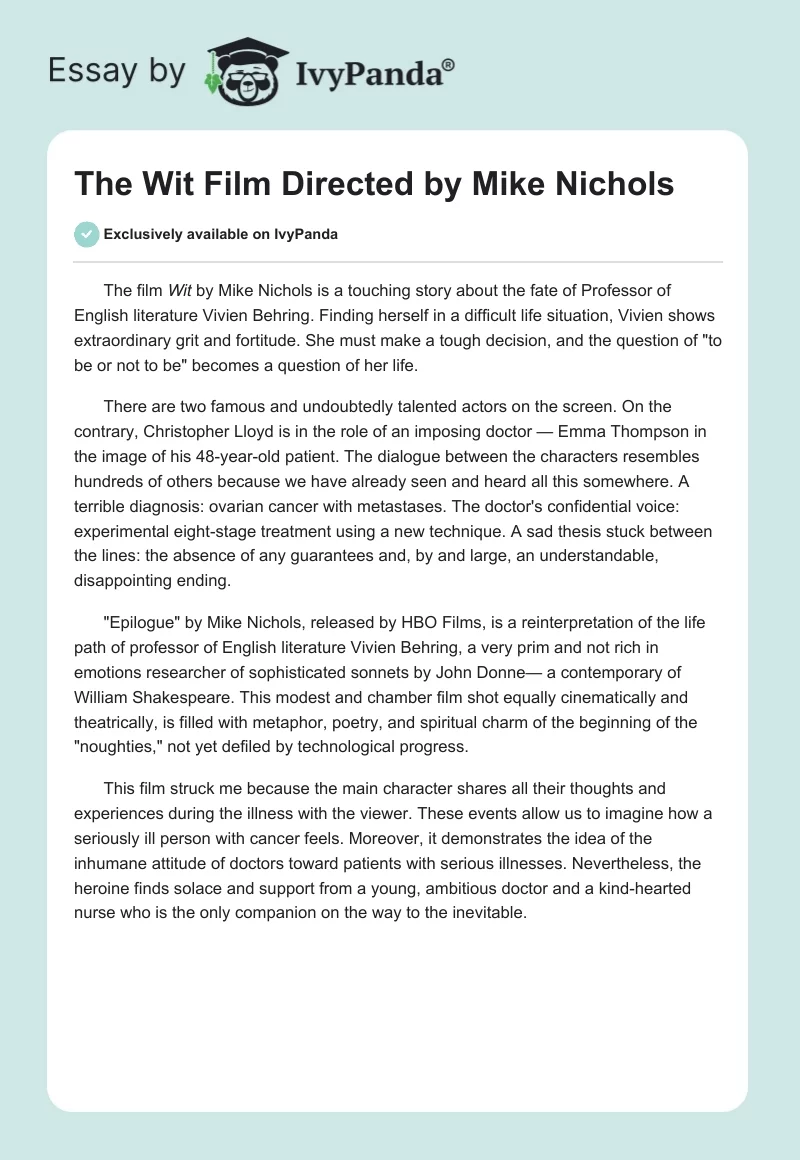 The "Wit" Film Directed by Mike Nichols. Page 1