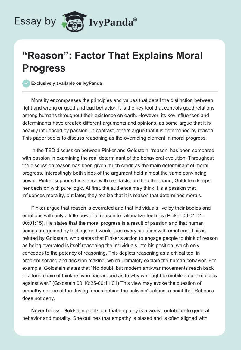 “Reason”: Factor That Explains Moral Progress. Page 1