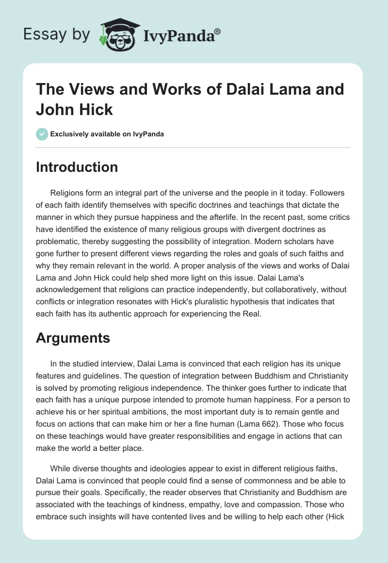 The Views and Works of Dalai Lama and John Hick. Page 1