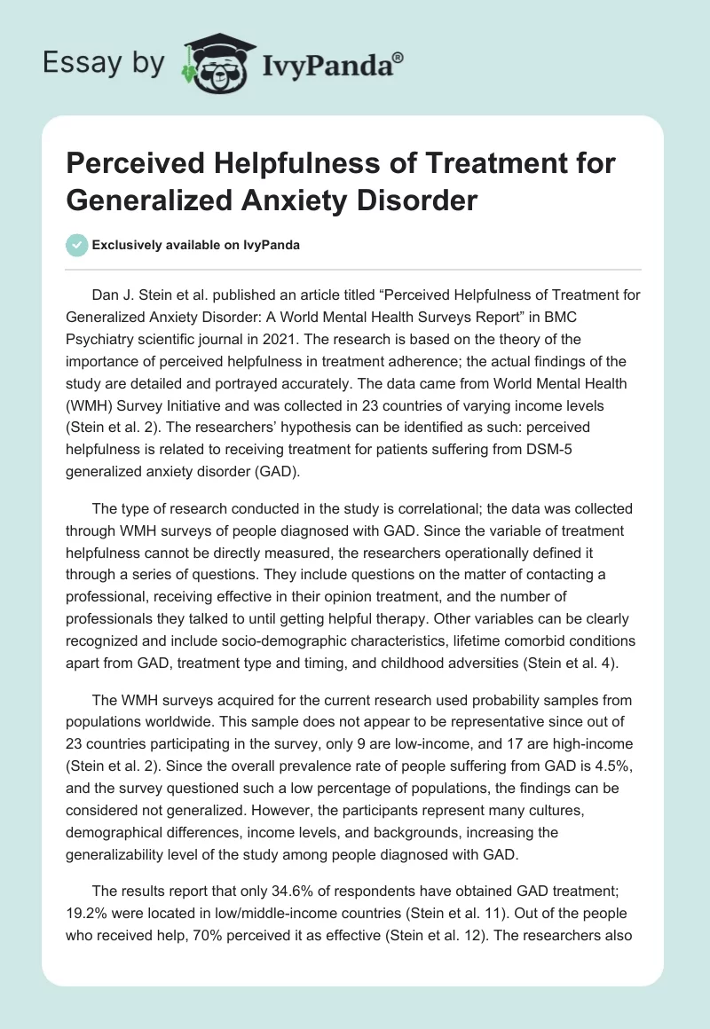 Perceived Helpfulness of Treatment for Generalized Anxiety Disorder. Page 1