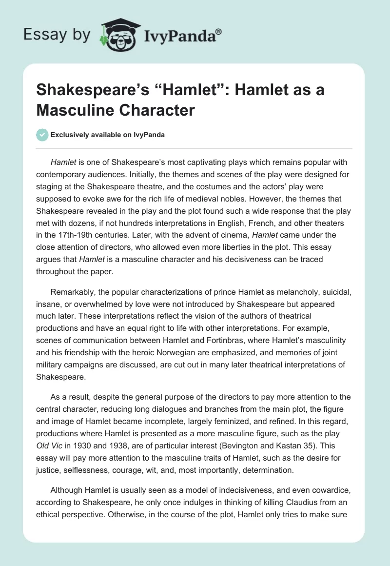 Shakespeare’s “Hamlet”: Hamlet as a Masculine Character. Page 1