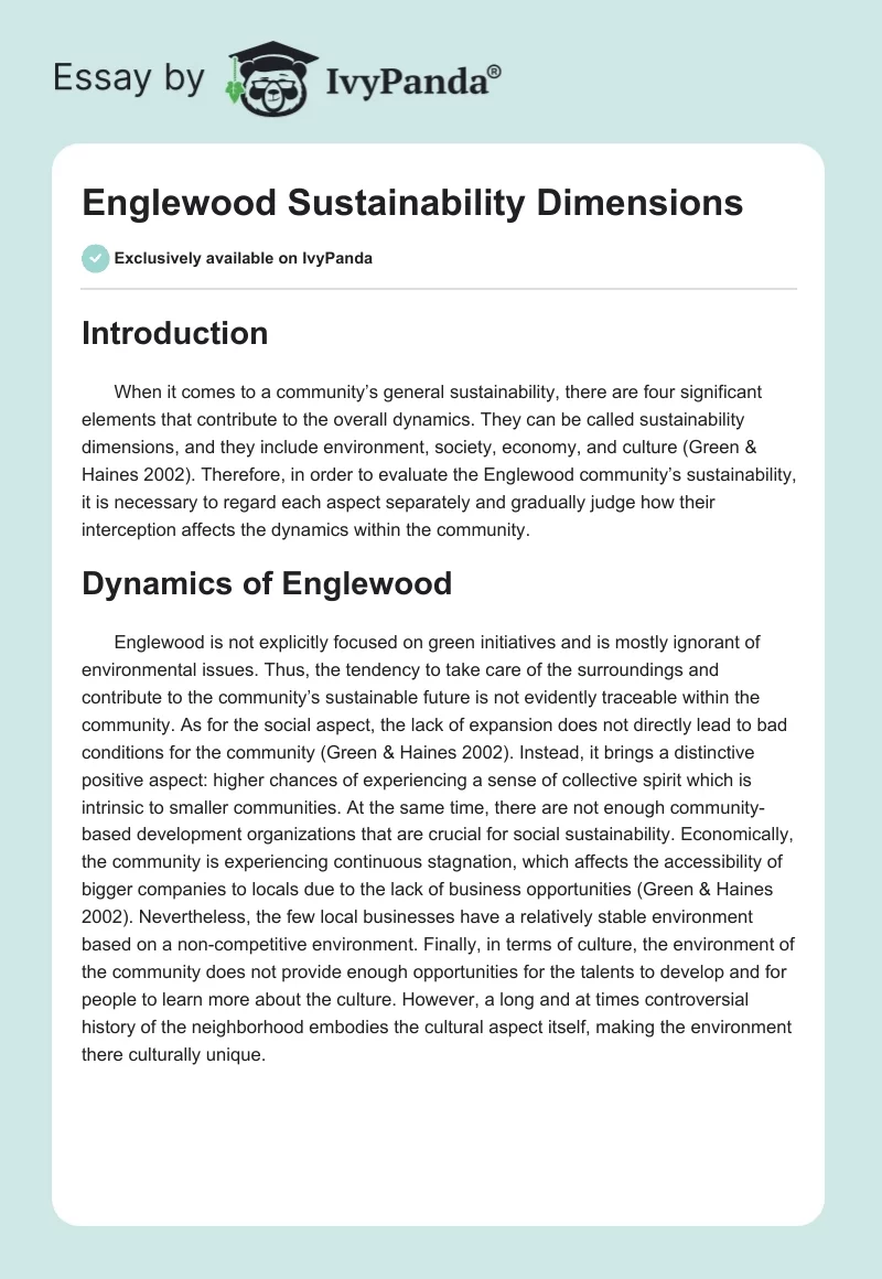 Englewood Sustainability Dimensions. Page 1