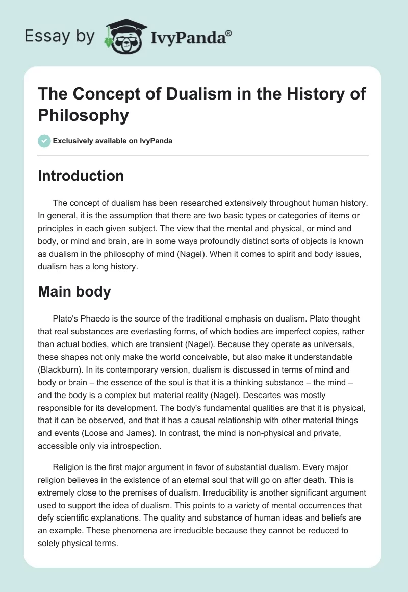 The Concept of Dualism in the History of Philosophy. Page 1