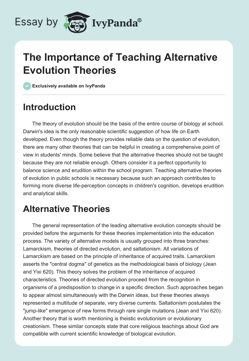 The Importance of Teaching Alternative Evolution Theories. Page 1