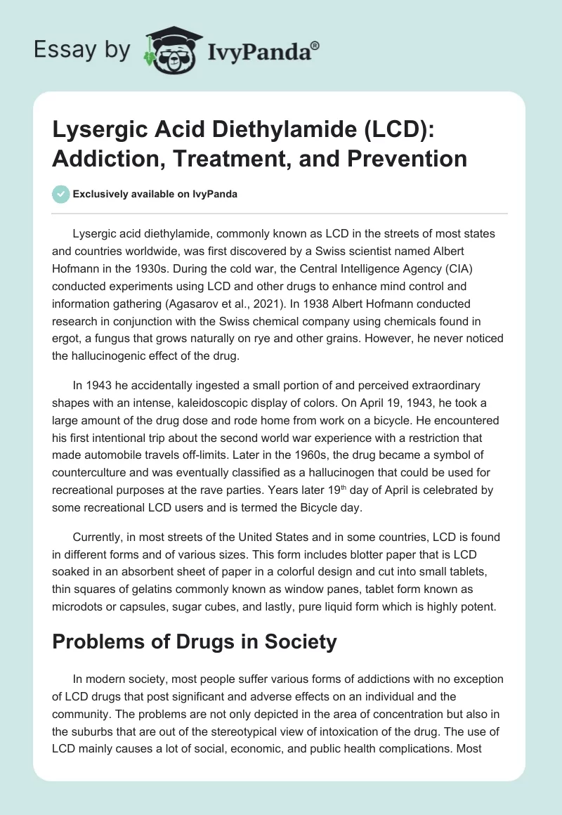 Lysergic Acid Diethylamide (LCD): Addiction, Treatment, and Prevention. Page 1