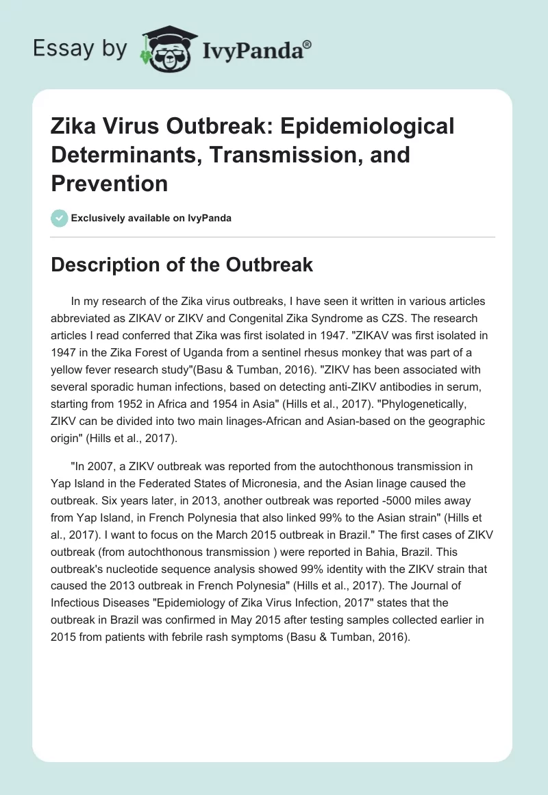 Zika Virus Outbreak: Epidemiological Determinants, Transmission, and Prevention. Page 1