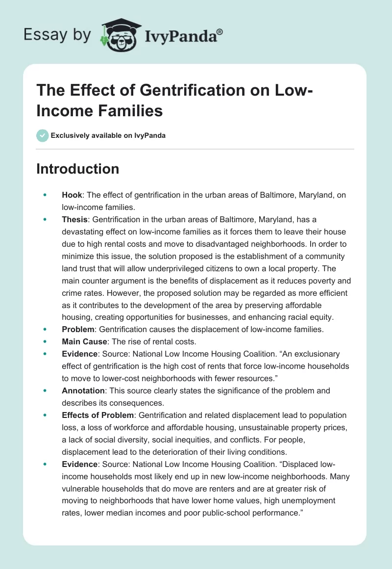The Effect of Gentrification on Low-Income Families. Page 1