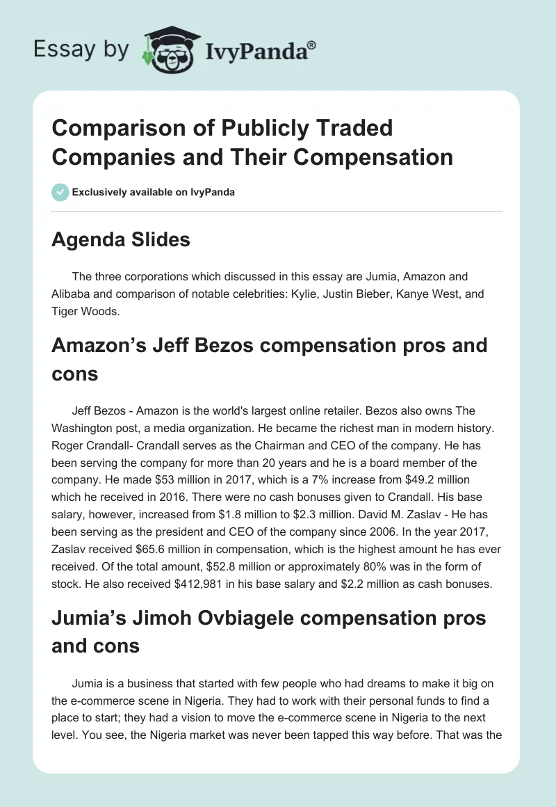 Comparison of Publicly Traded Companies and Their Compensation. Page 1