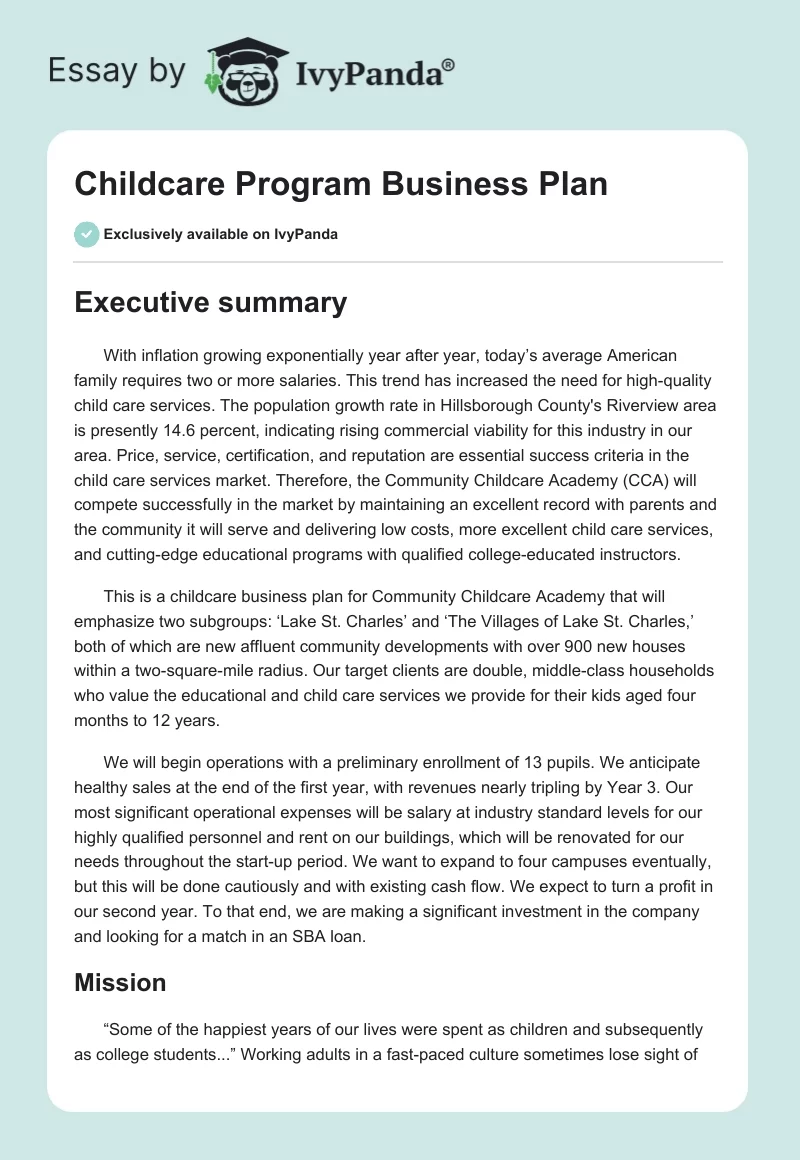 Childcare Program Business Plan. Page 1