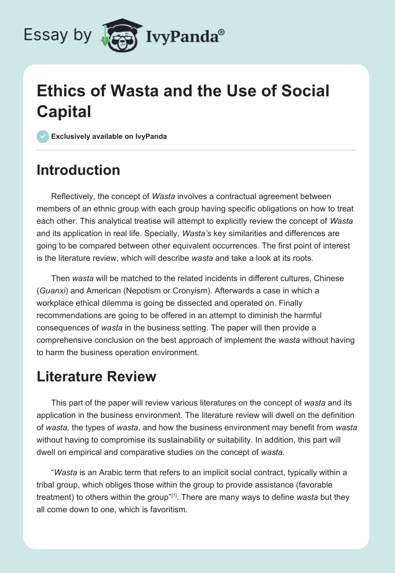 Ethics of Wasta and the Use of Social Capital. Page 1