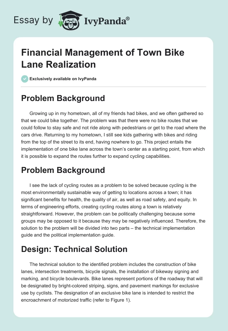Financial Management of Town Bike Lane Realization. Page 1