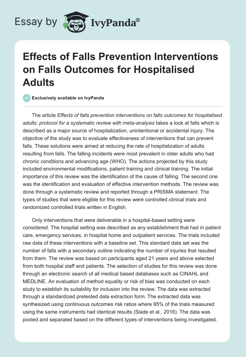 Effects of Falls Prevention Interventions on Falls Outcomes for Hospitalised Adults. Page 1