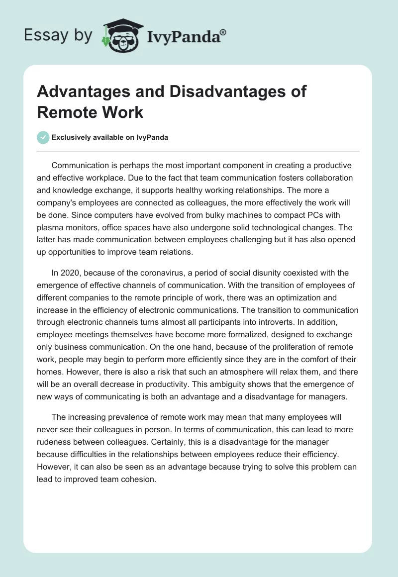 Advantages and Disadvantages of Remote Work. Page 1