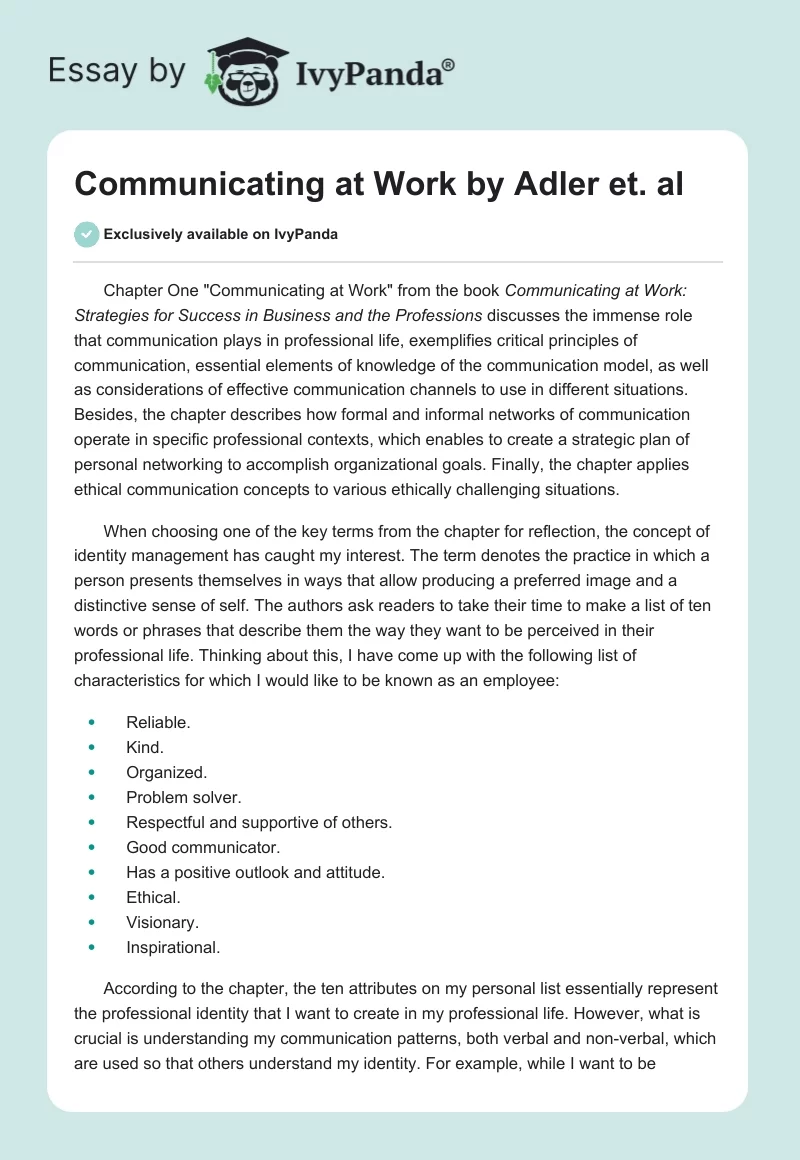 "Communicating at Work" by Adler et. al. Page 1
