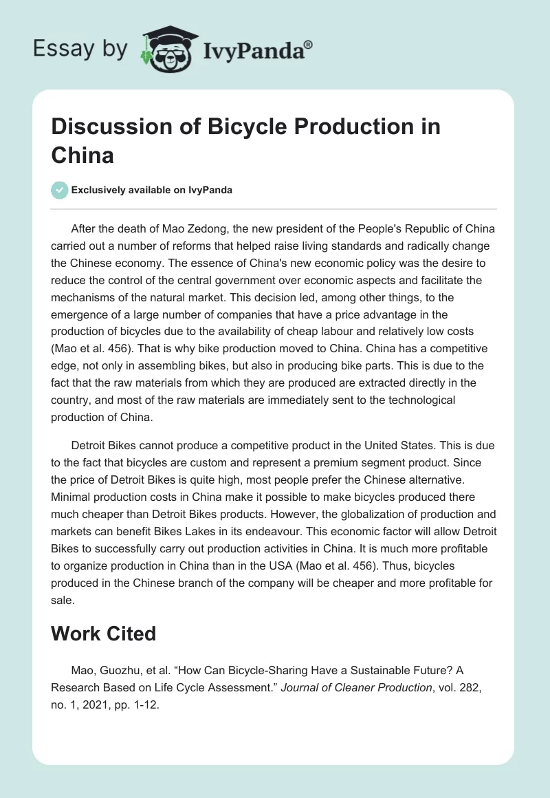 Discussion of Bicycle Production in China. Page 1