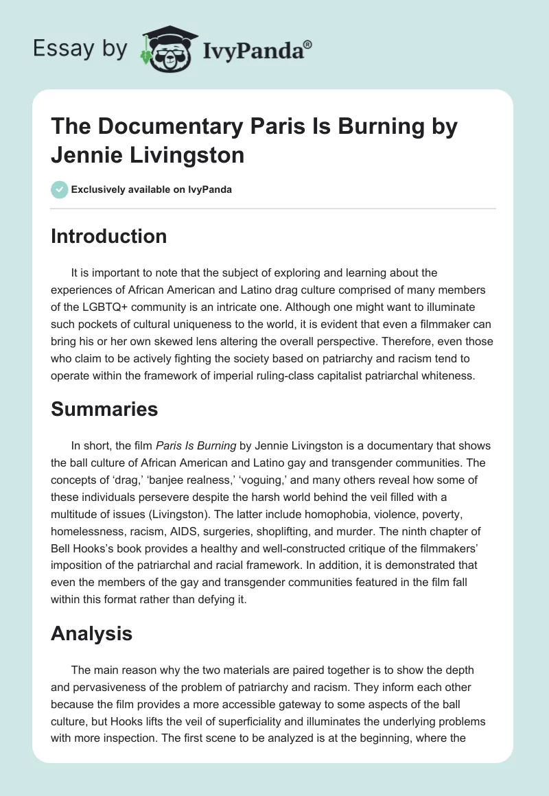 The Documentary "Paris Is Burning" by Jennie Livingston. Page 1