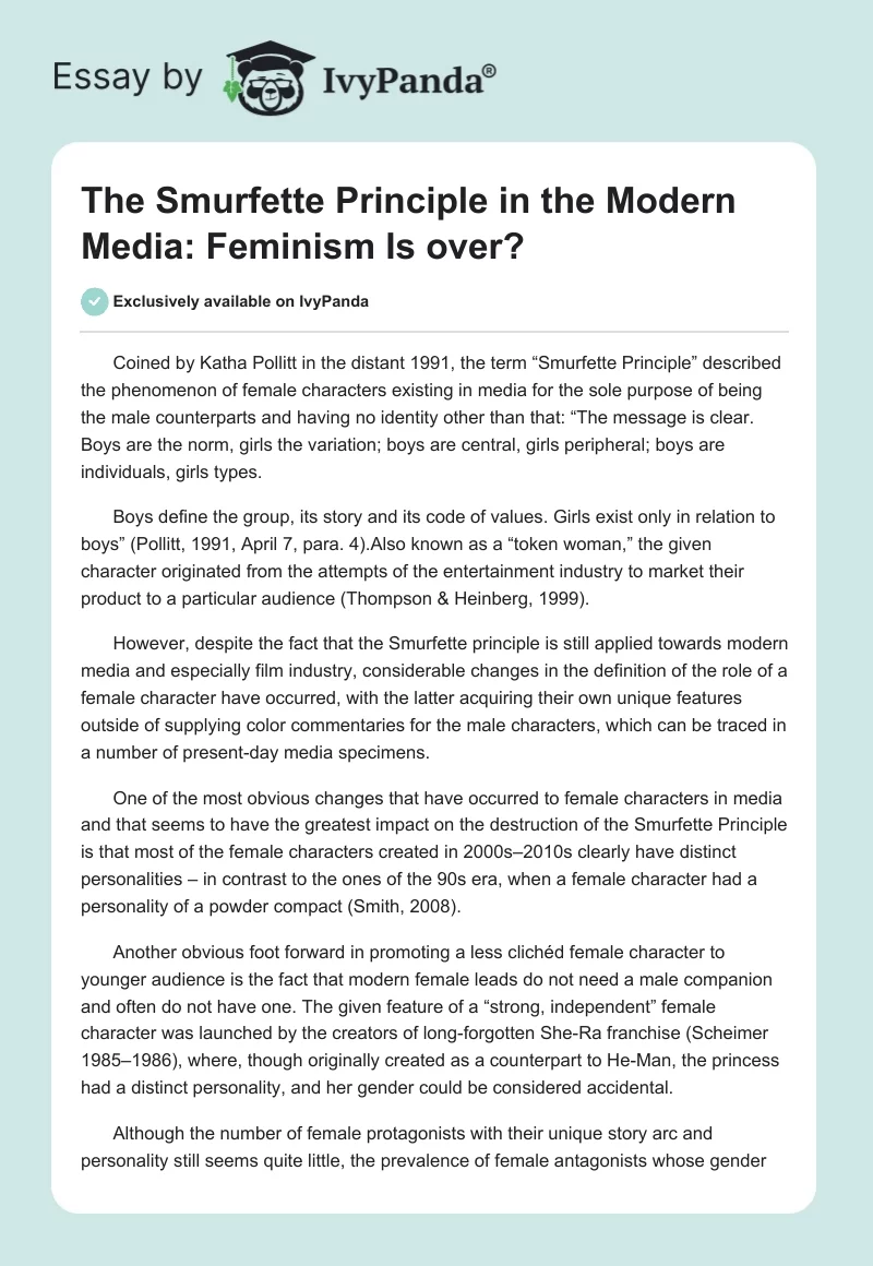 The Smurfette Principle in the Modern Media: Feminism Is over?. Page 1