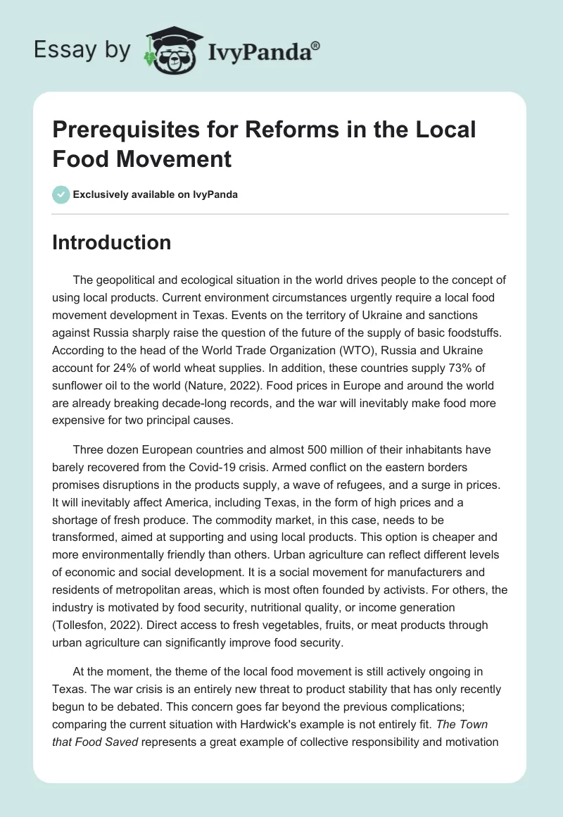 Prerequisites for Reforms in the Local Food Movement. Page 1