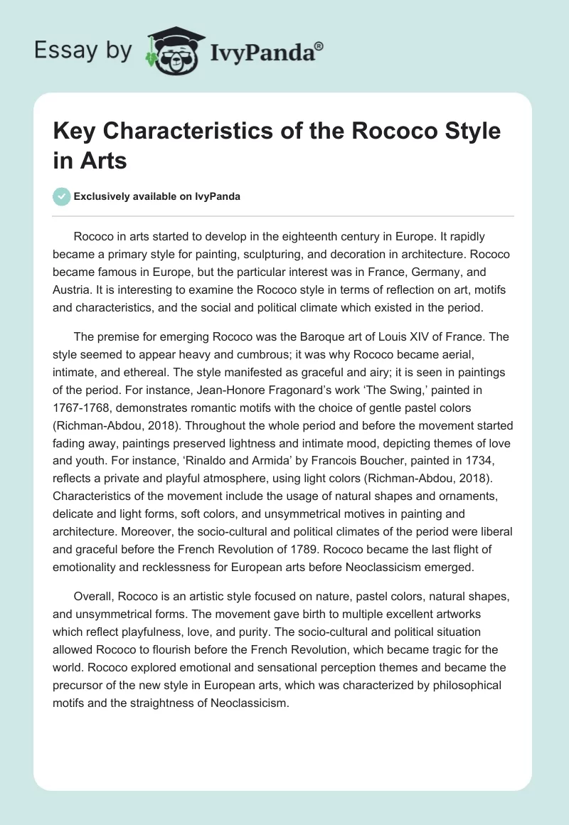 Key Characteristics of the Rococo Style in Arts. Page 1