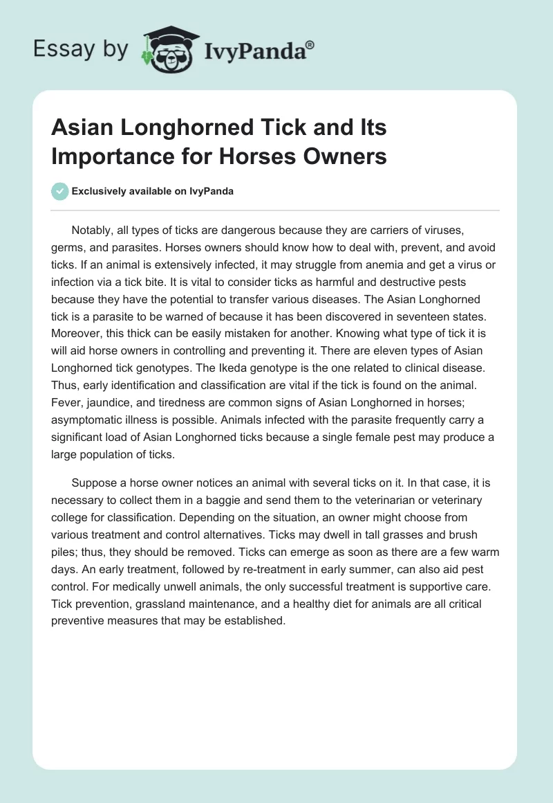 Asian Longhorned Tick and Its Importance for Horses Owners. Page 1