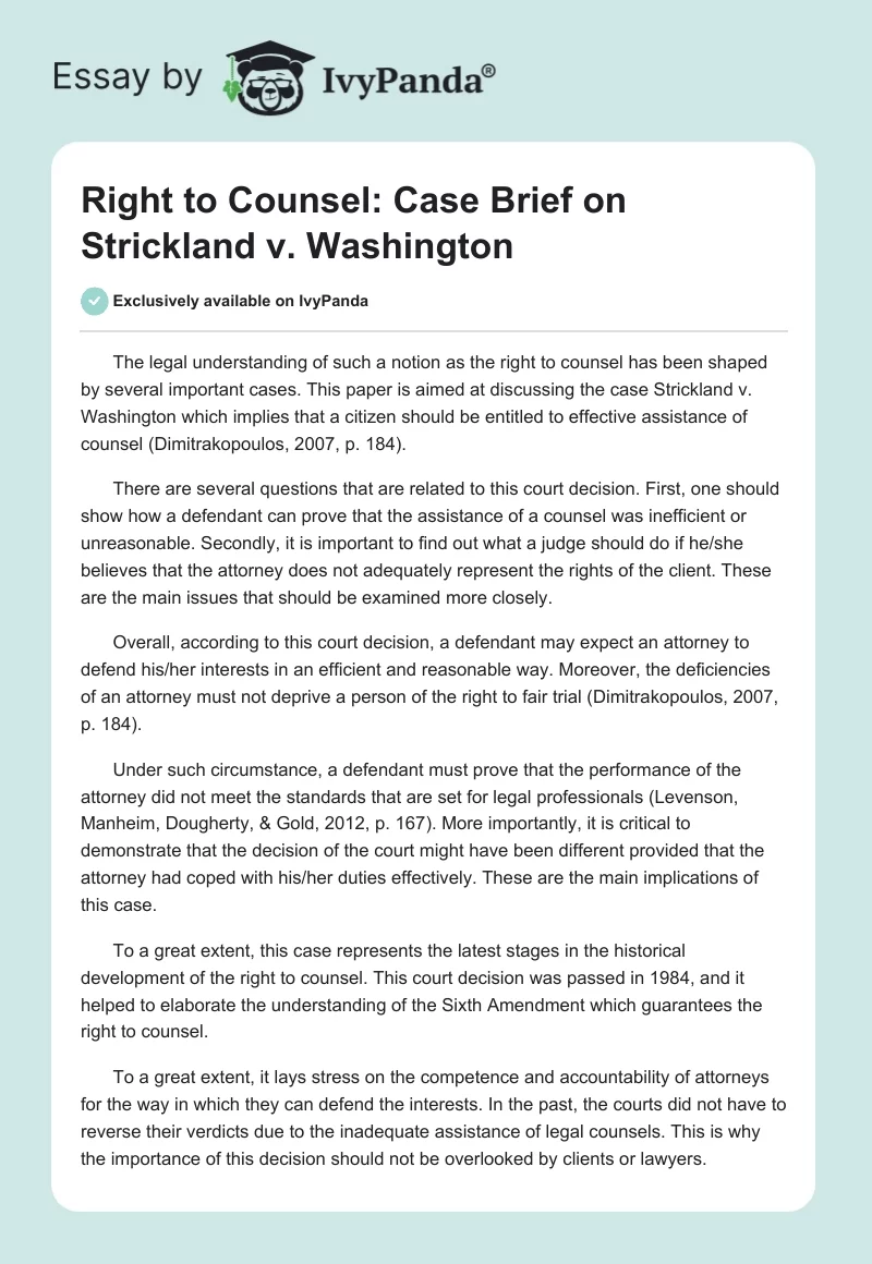 Right to Counsel: Case Brief on Strickland v. Washington. Page 1