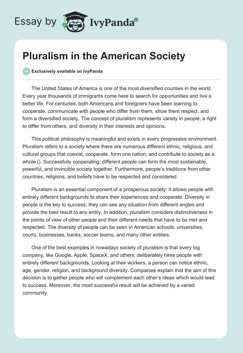 Pluralism in the American Society. Page 1