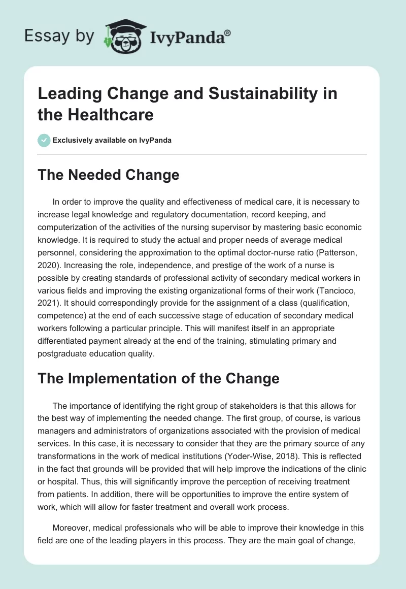 Leading Change and Sustainability in the Healthcare. Page 1