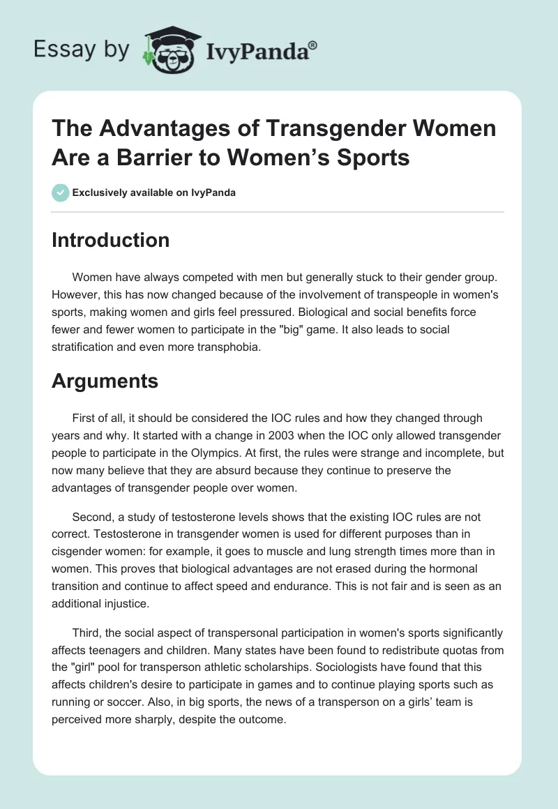 The Advantages of Transgender Women Are a Barrier to Women’s Sports. Page 1