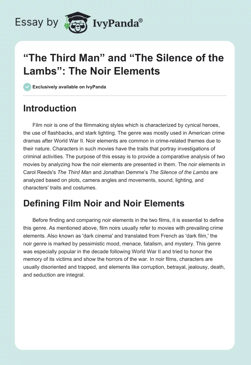 “The Third Man” and “The Silence of the Lambs”: The Noir Elements. Page 1