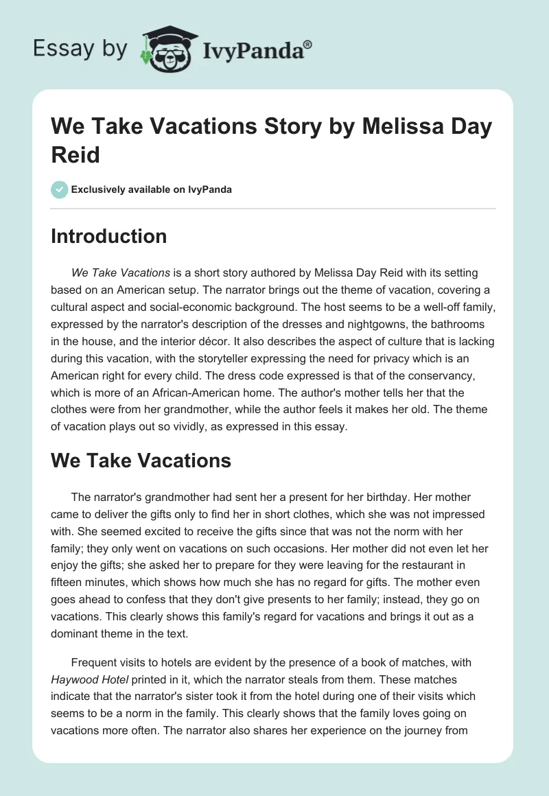 We Take Vacations Story by Melissa Day Reid. Page 1