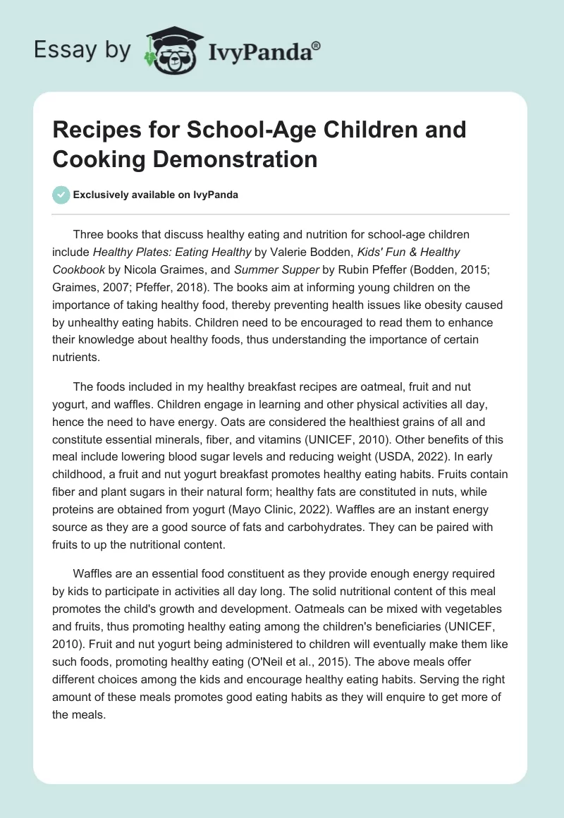 Recipes for School-Age Children and Cooking Demonstration. Page 1