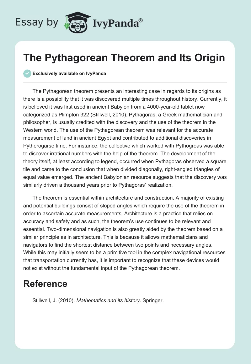 The Pythagorean Theorem and Its Origin. Page 1
