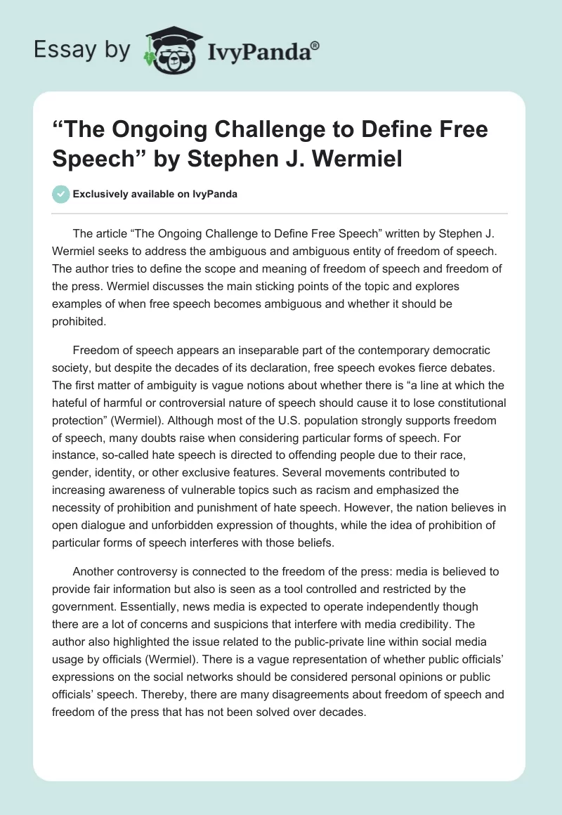“The Ongoing Challenge to Define Free Speech” by Stephen J. Wermiel. Page 1