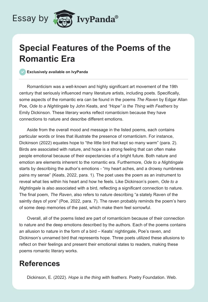 Special Features of the Poems of the Romantic Era. Page 1