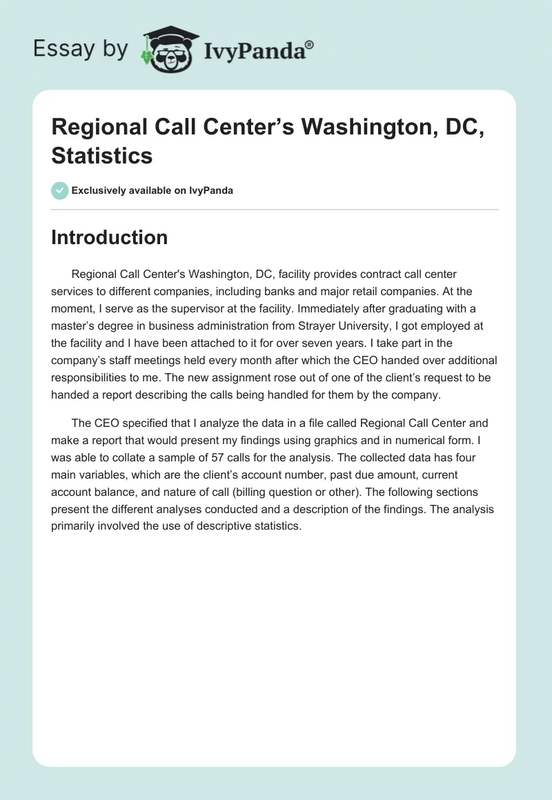 Regional Call Center’s Washington, DC, Statistics. Page 1