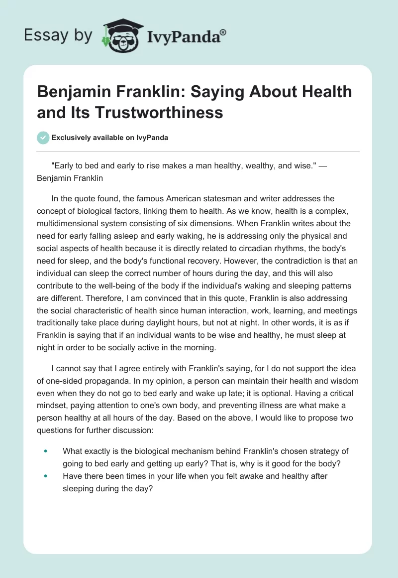 Benjamin Franklin: Saying About Health and Its Trustworthiness. Page 1
